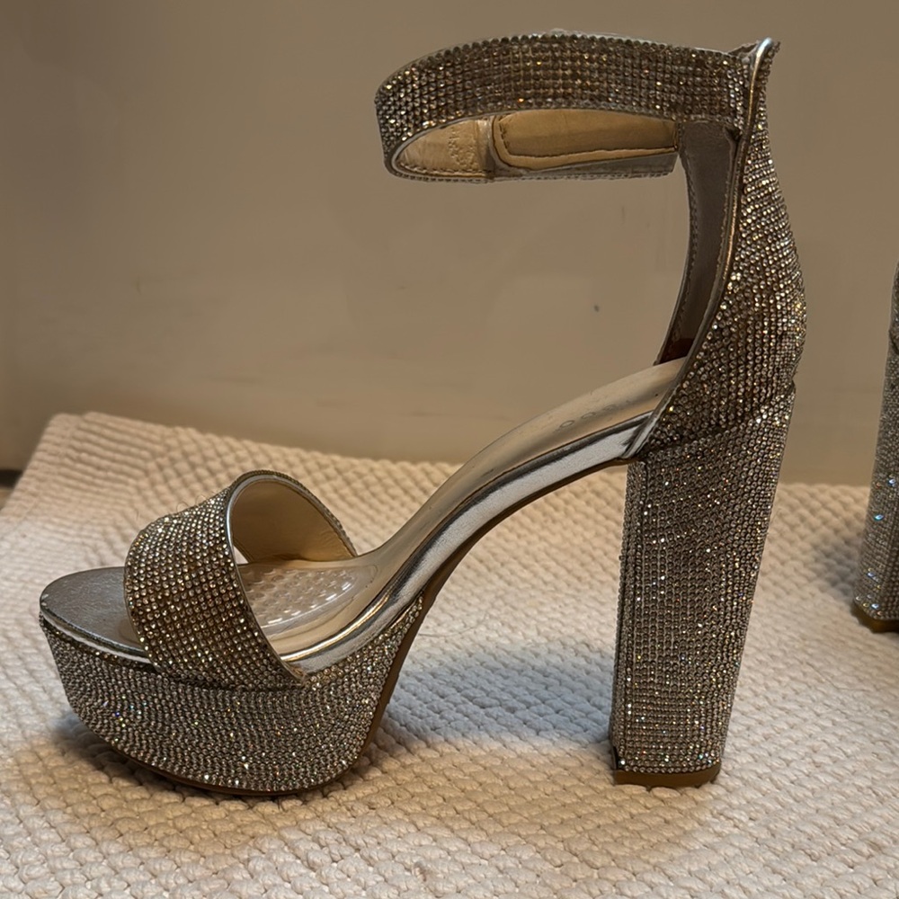 BAMBOO Silver Rhinestone Sparkly High Platform Heeled Sandals 8 - Picture 9 of 13